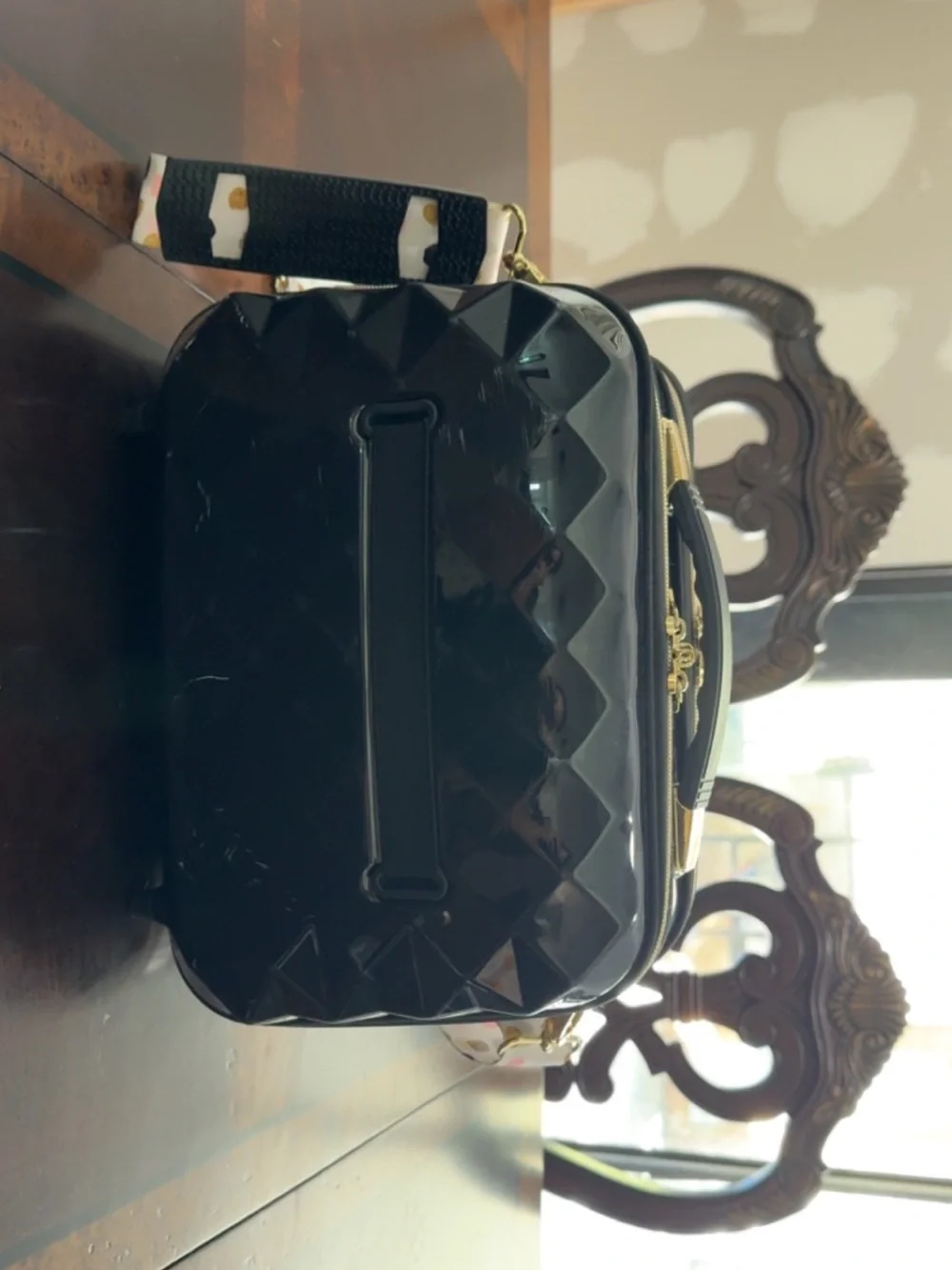 Black Quilted Crossbody Makeup Bag with Polka Dot Strap & Interior